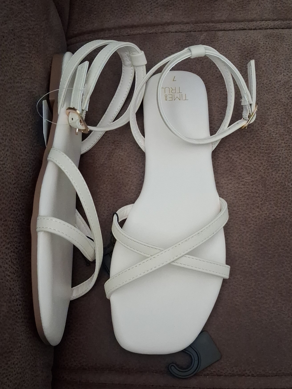 Time And Tru Women's Cream Strappy Ankle-Wrap Sandals Size 7